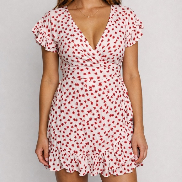 Billabong Dresses & Skirts - Floral Wrap Dress White Red Mini Ruffle Hem Size Small